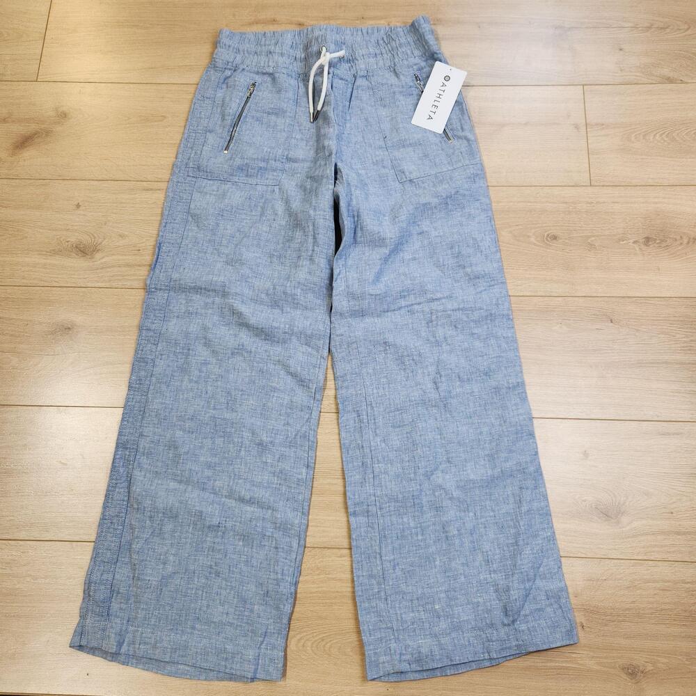Athleta Cabo Linen Wide Leg Pants Womens 10 Blue Chambray Drawstring Pockets